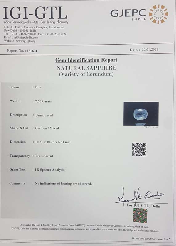 Blue Sapphire 7.53 Ct.