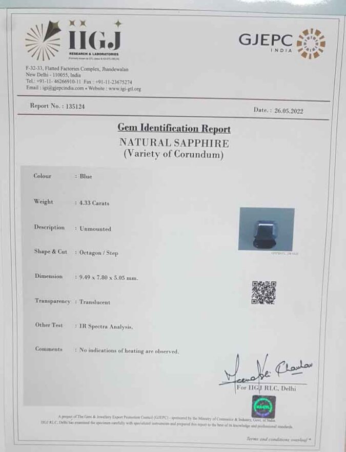 Blue Sapphire 4.33 Ct.