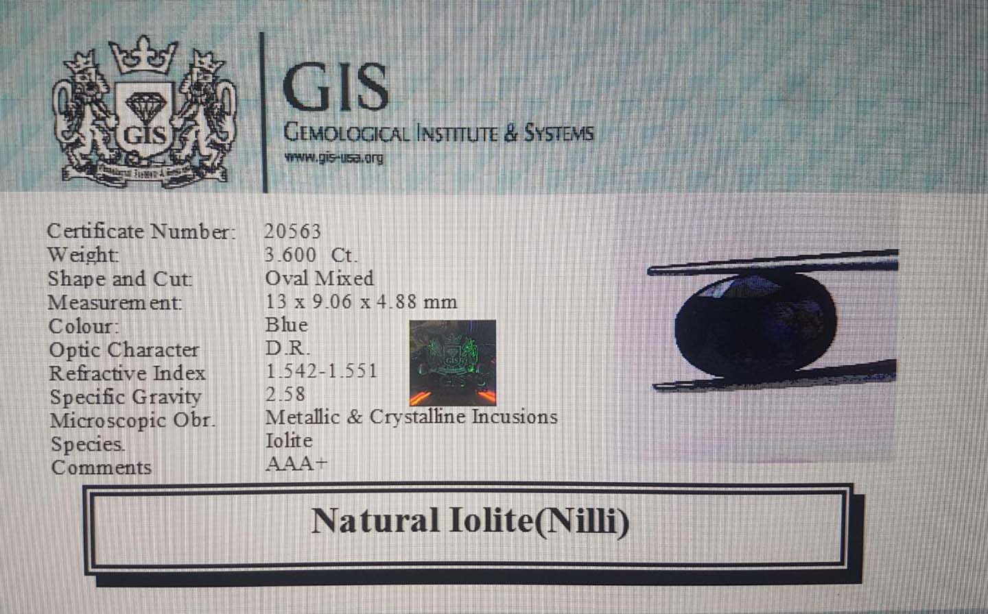 Iolite(Nilli) 3.6 Ct.