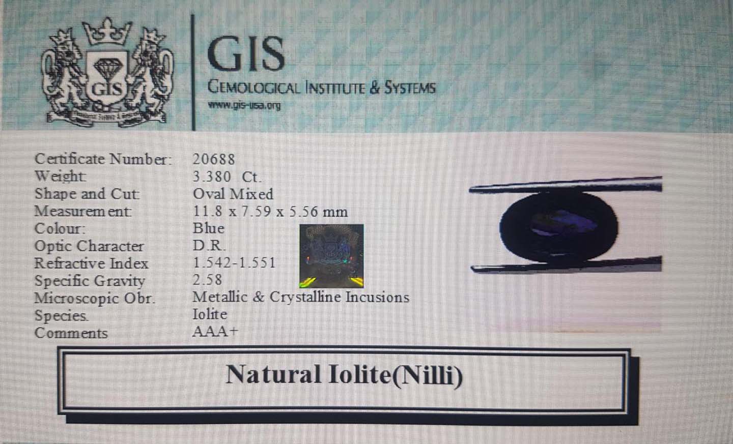 Iolite(Nilli) 3.38 Ct.