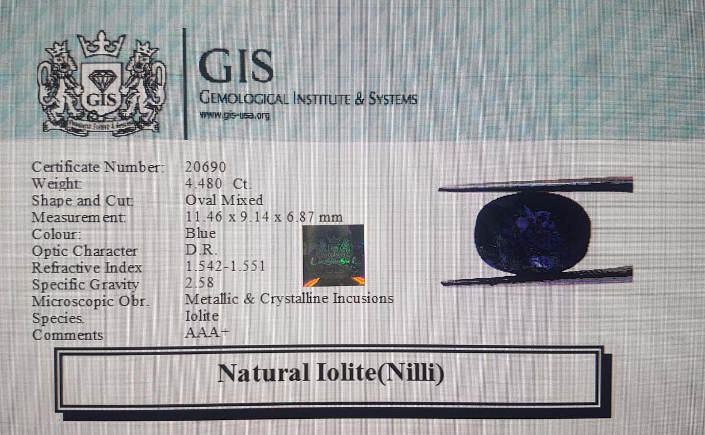 Iolite(Nilli) 4.48 Ct.