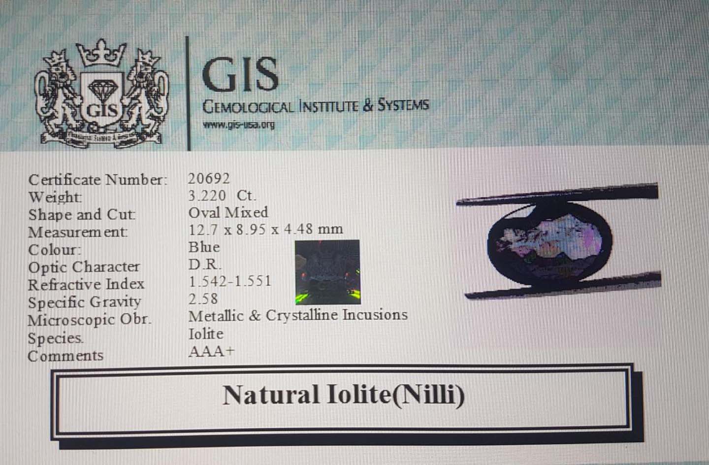 Iolite(Nilli) 3.22 Ct.
