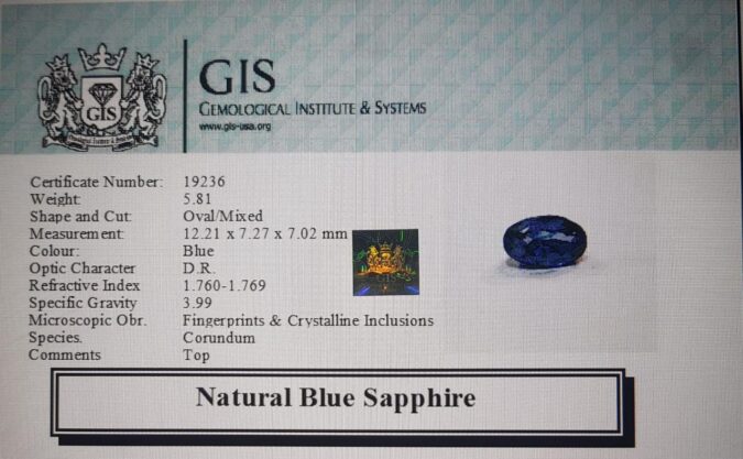 Blue Sapphire 5.81 Ct.