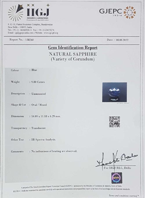 Blue Sapphire 9.8 Ct.