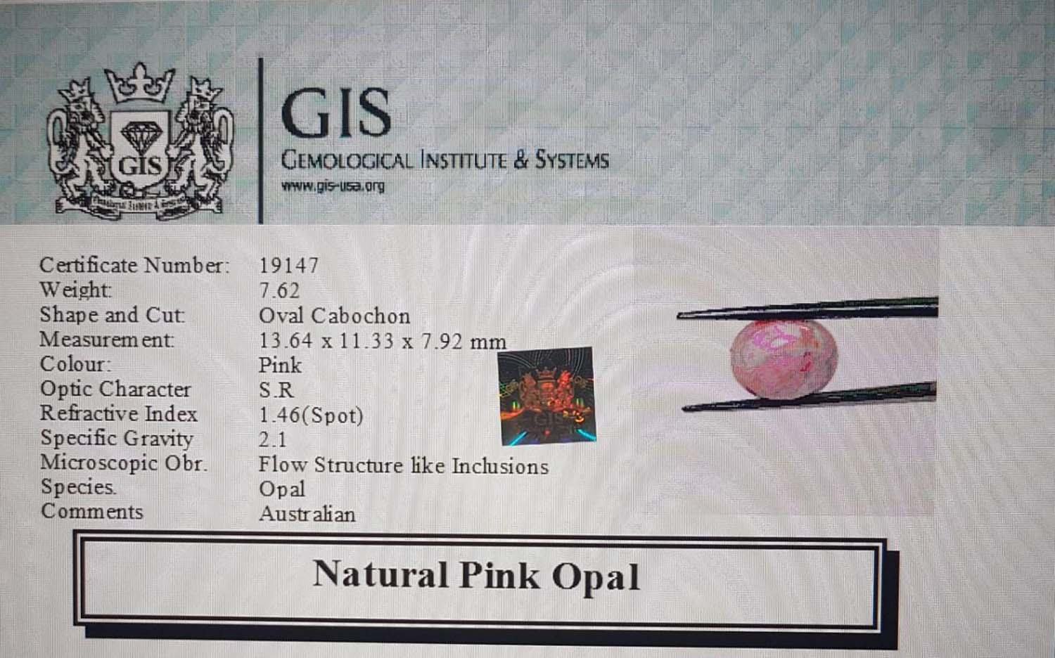 Pink Opal 7.62 Ct.