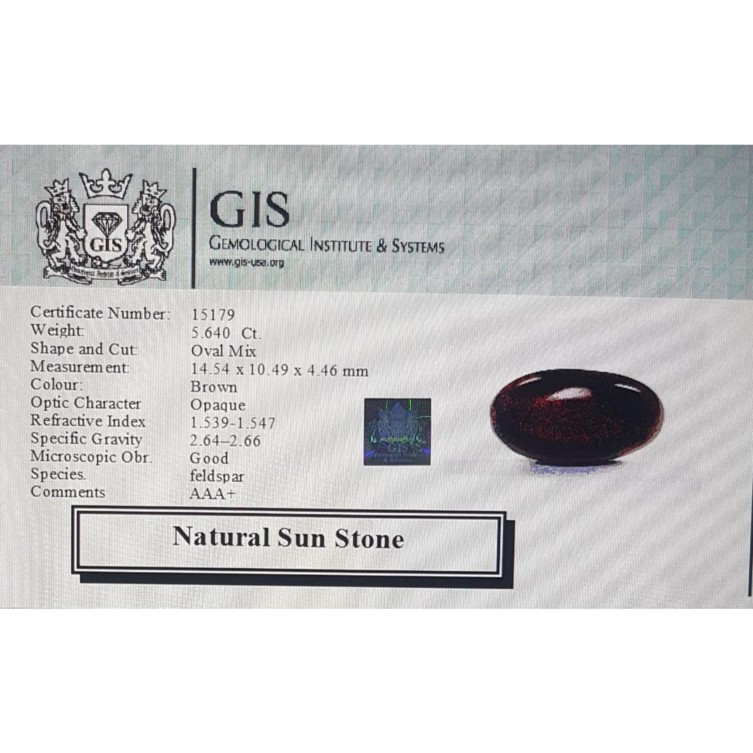 Sun Stone 5.64 Ct. Sun Stone 5.64 Ct.