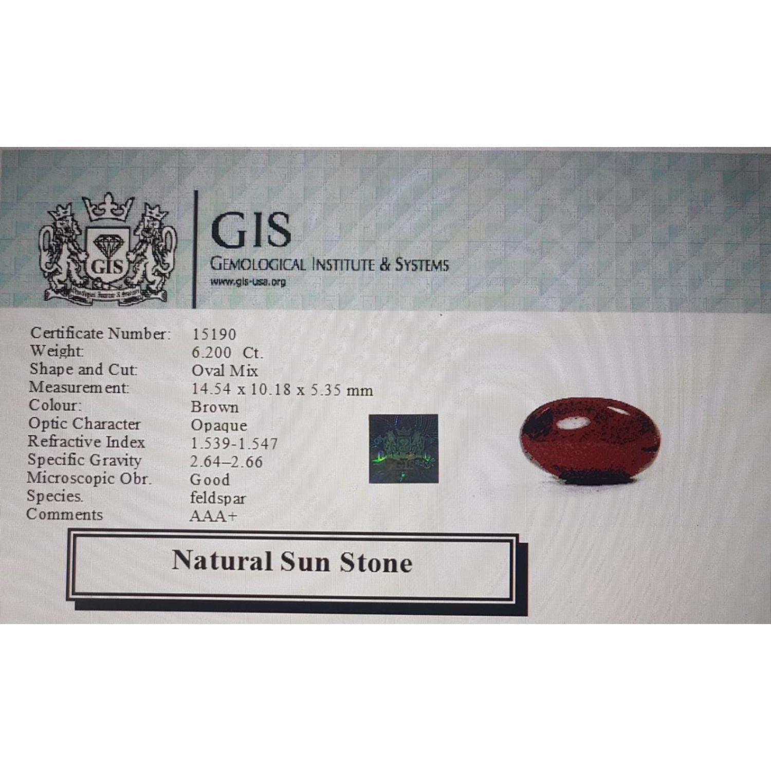 Sun Stone 6.2 Ct.