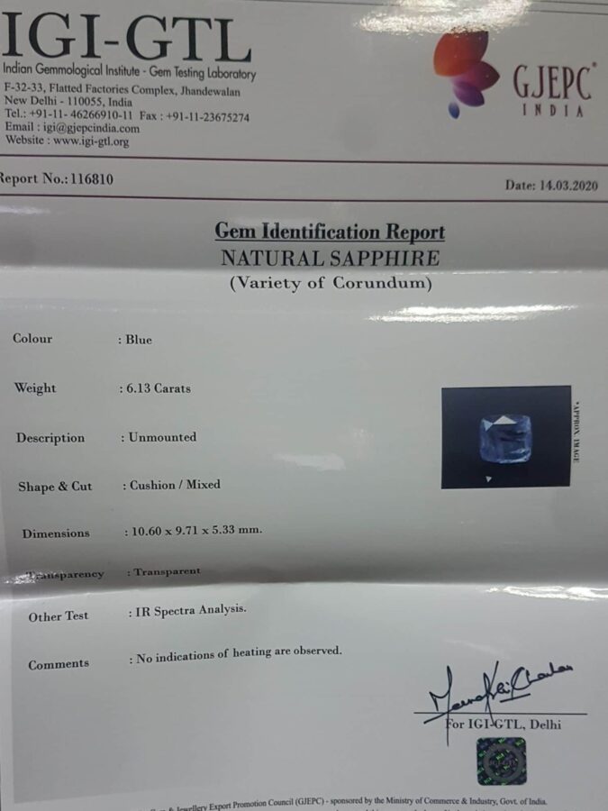 Blue Sapphire 6.13 Ct.