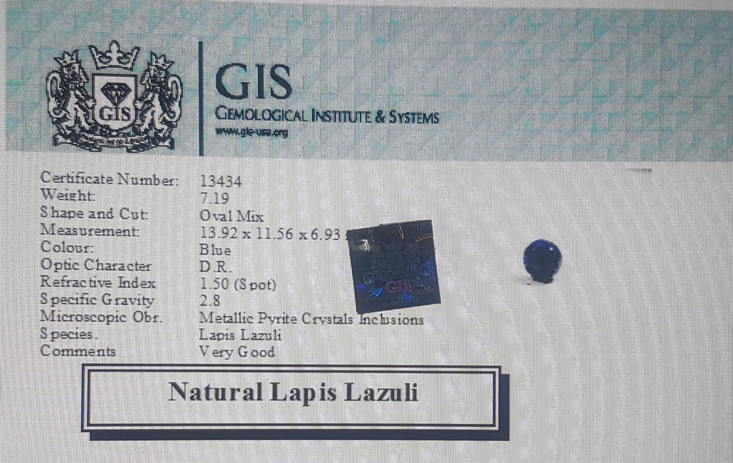 Lapis Lazuli 7.19 Ct.