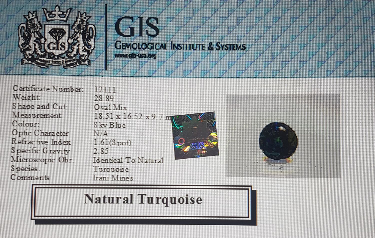 Turquoise (Irani) 28.89 Ct.