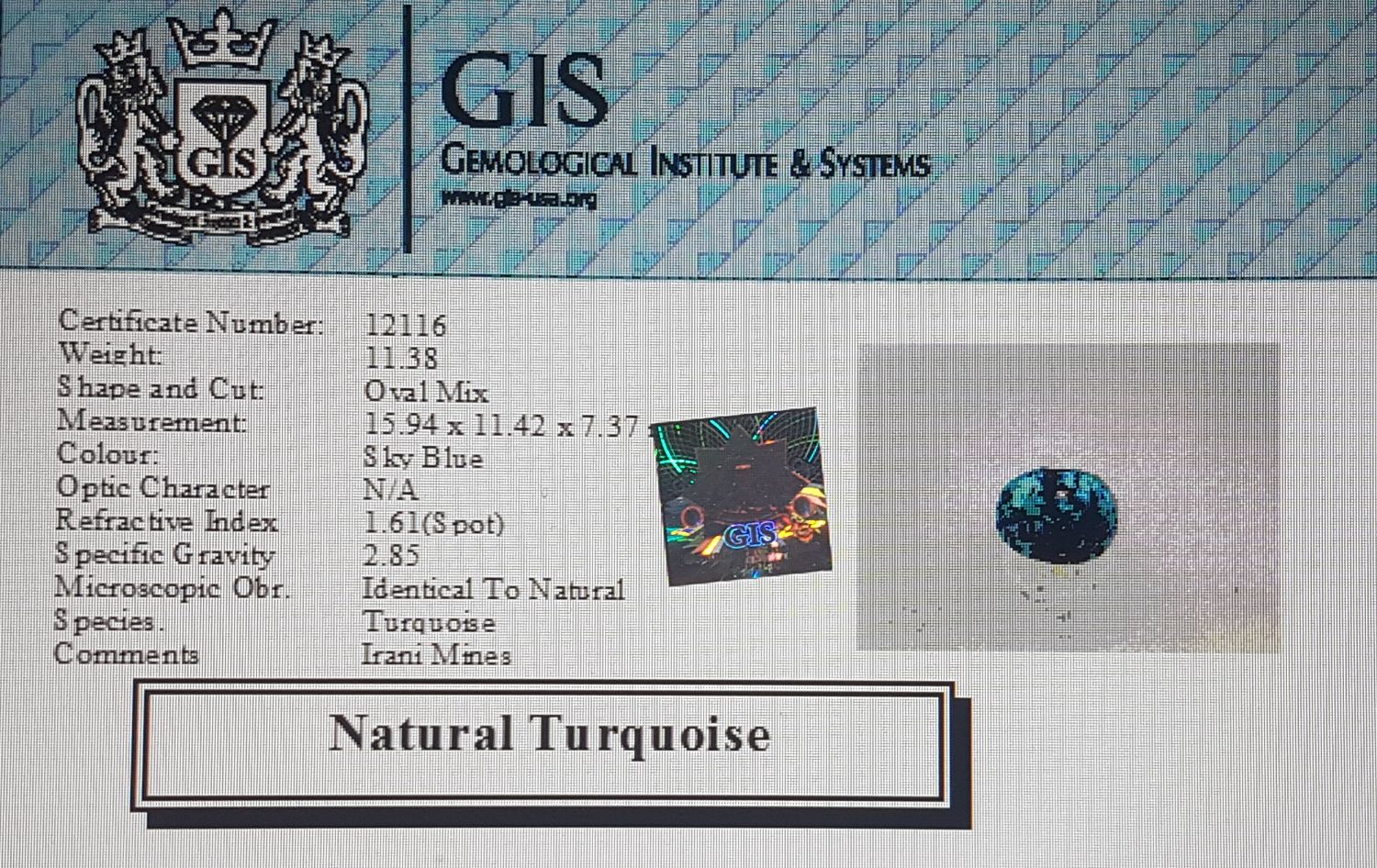 Turquoise (Irani) 11.38 Ct.