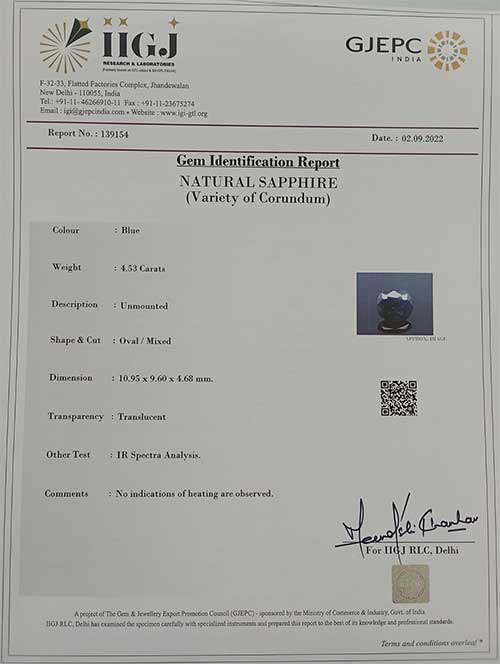 Blue Sapphire 4.53 Ct.