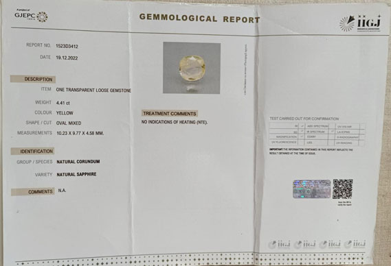 YELLOW SAPPHIRE 4.41 Ct.
