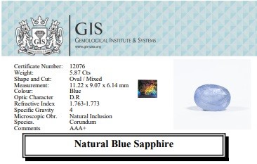 BLUE SAPPHIRE 5.87 Ct.