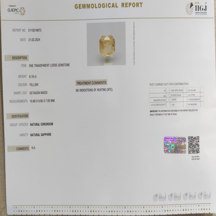 YELLOW SAPPHIRE 8.19 Ct.