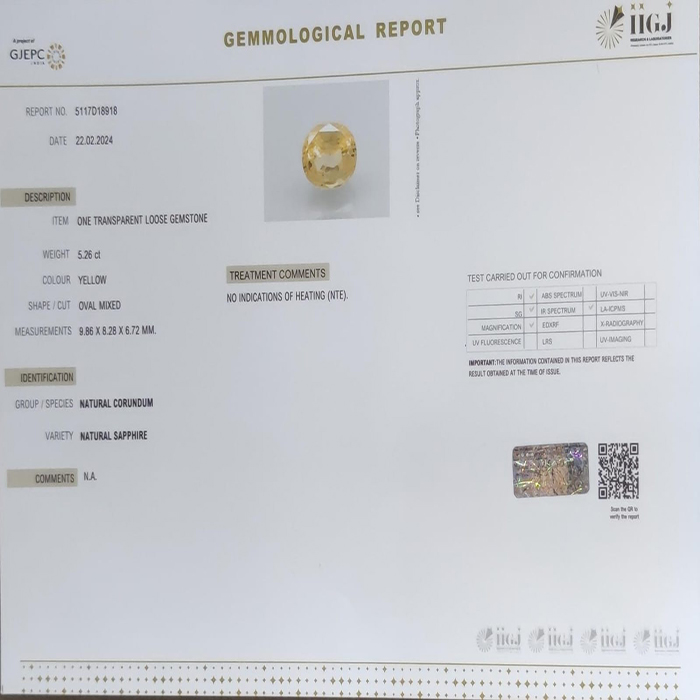 YELLOW SAPPHIRE 5.26 Ct. YELLOW SAPPHIRE 5.26 Ct.