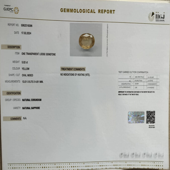 YELLOW SAPPHIRE 5.02 Ct.