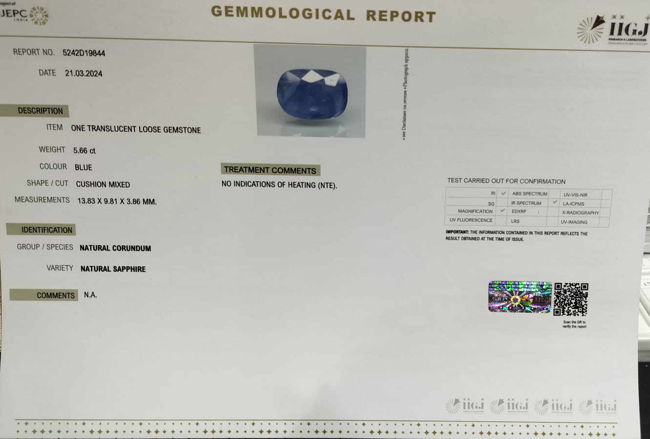 BLUE SAPPHIRE 5.66 Ct.