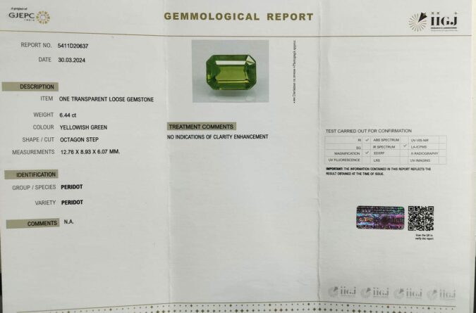 PERIDOT 6.44 Ct.