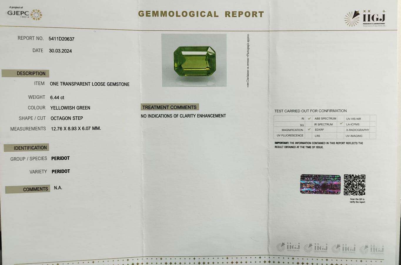 PERIDOT 6.44 Ct.