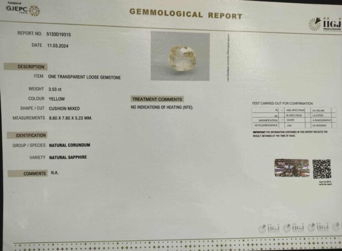 Yellow Sapphire 3.53 Ct.