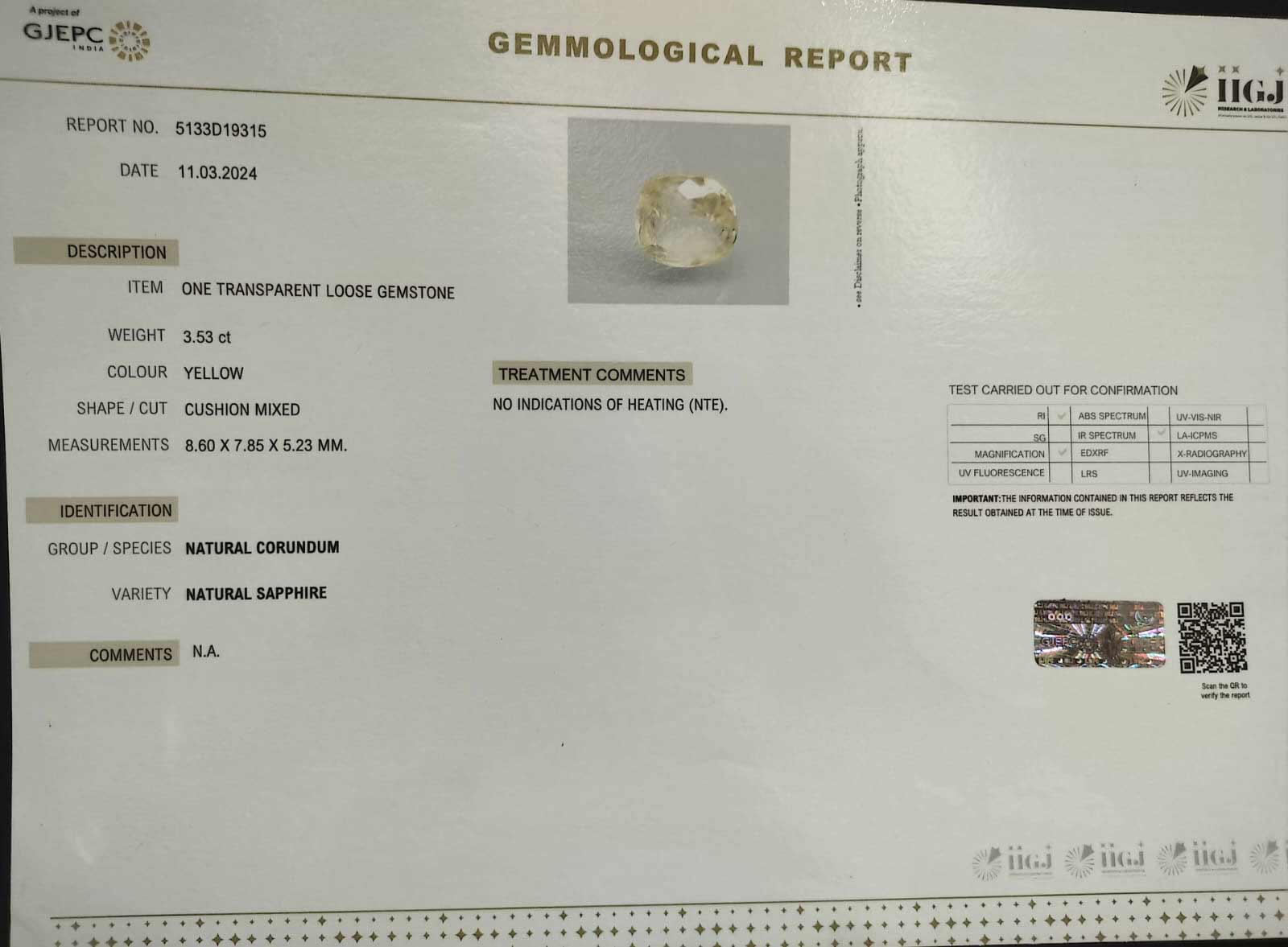 Yellow Sapphire 3.53 Ct.