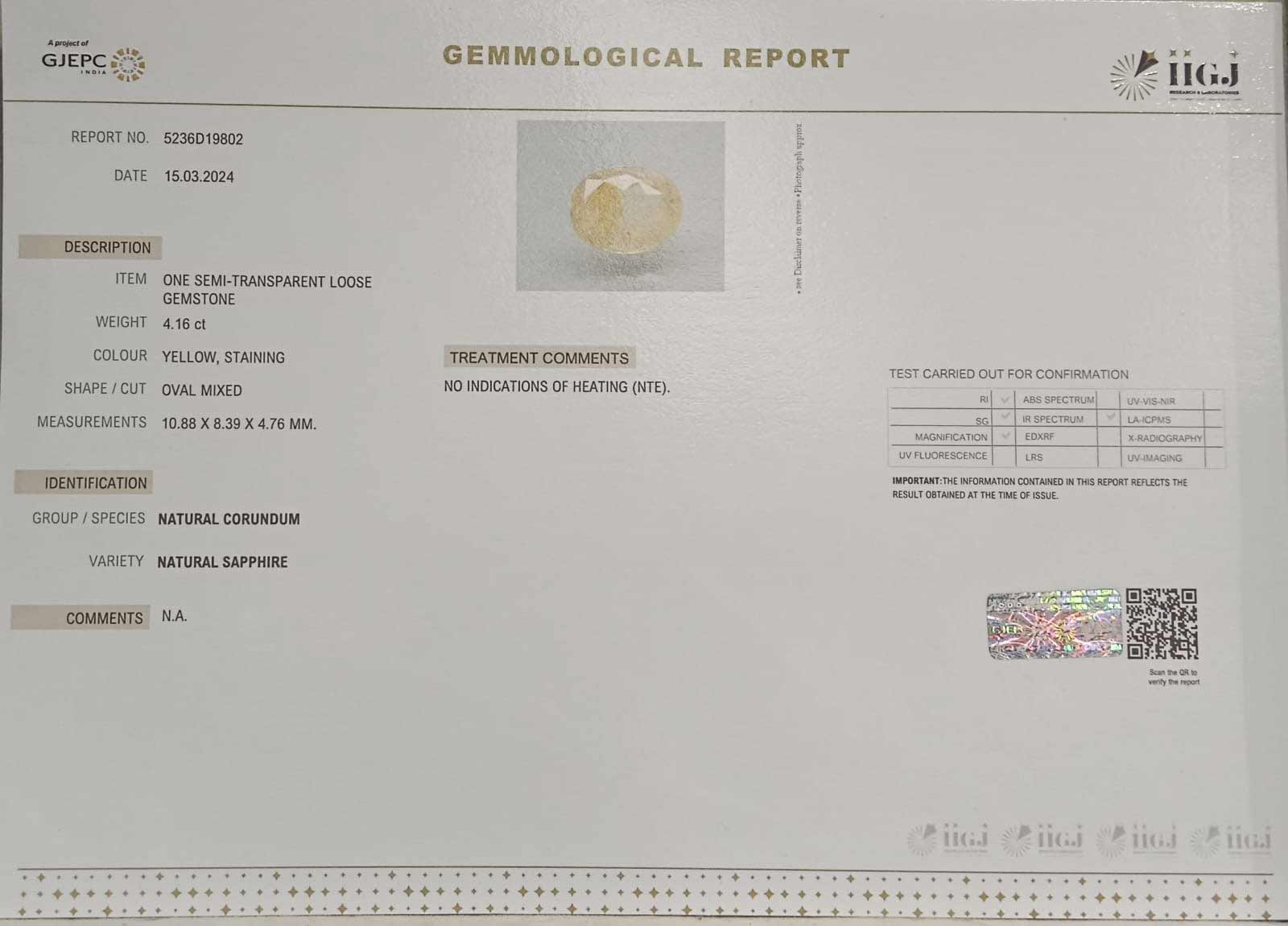 Yellow Sapphire 4.16 Ct.