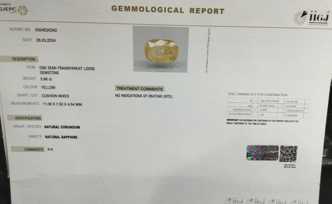 YELLOW SAPPHIRE 3.86 Ct.
