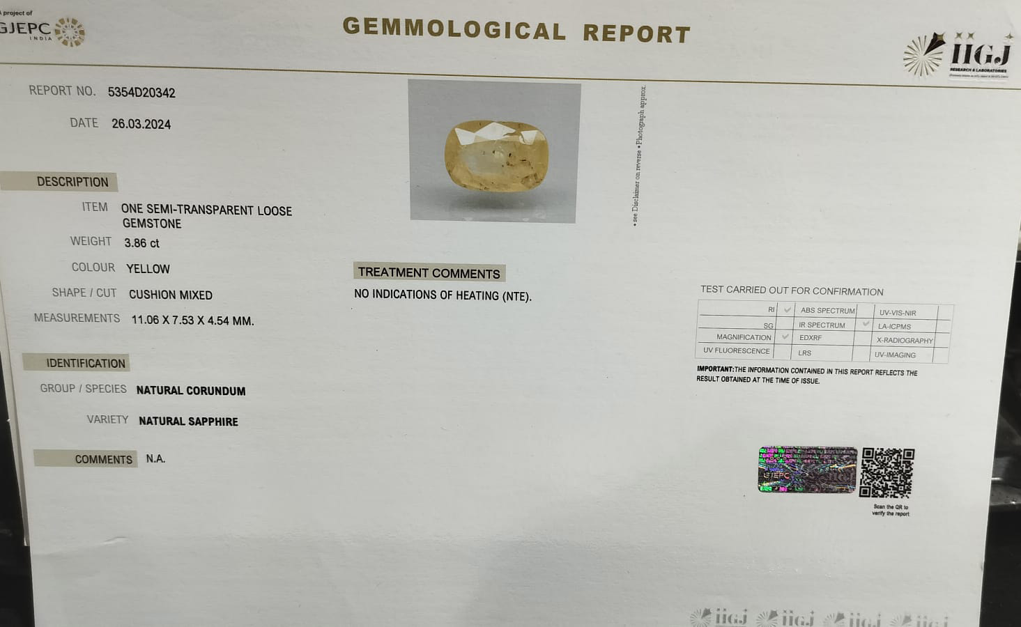 YELLOW SAPPHIRE 3.86 Ct.