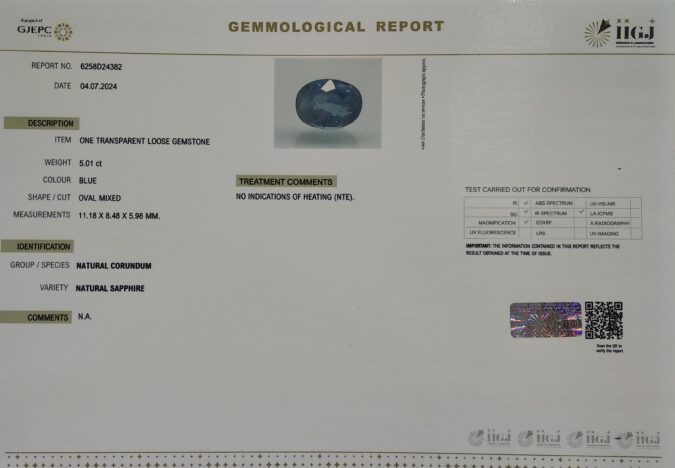 BLUE SAPPHIRE 5.01 Ct.