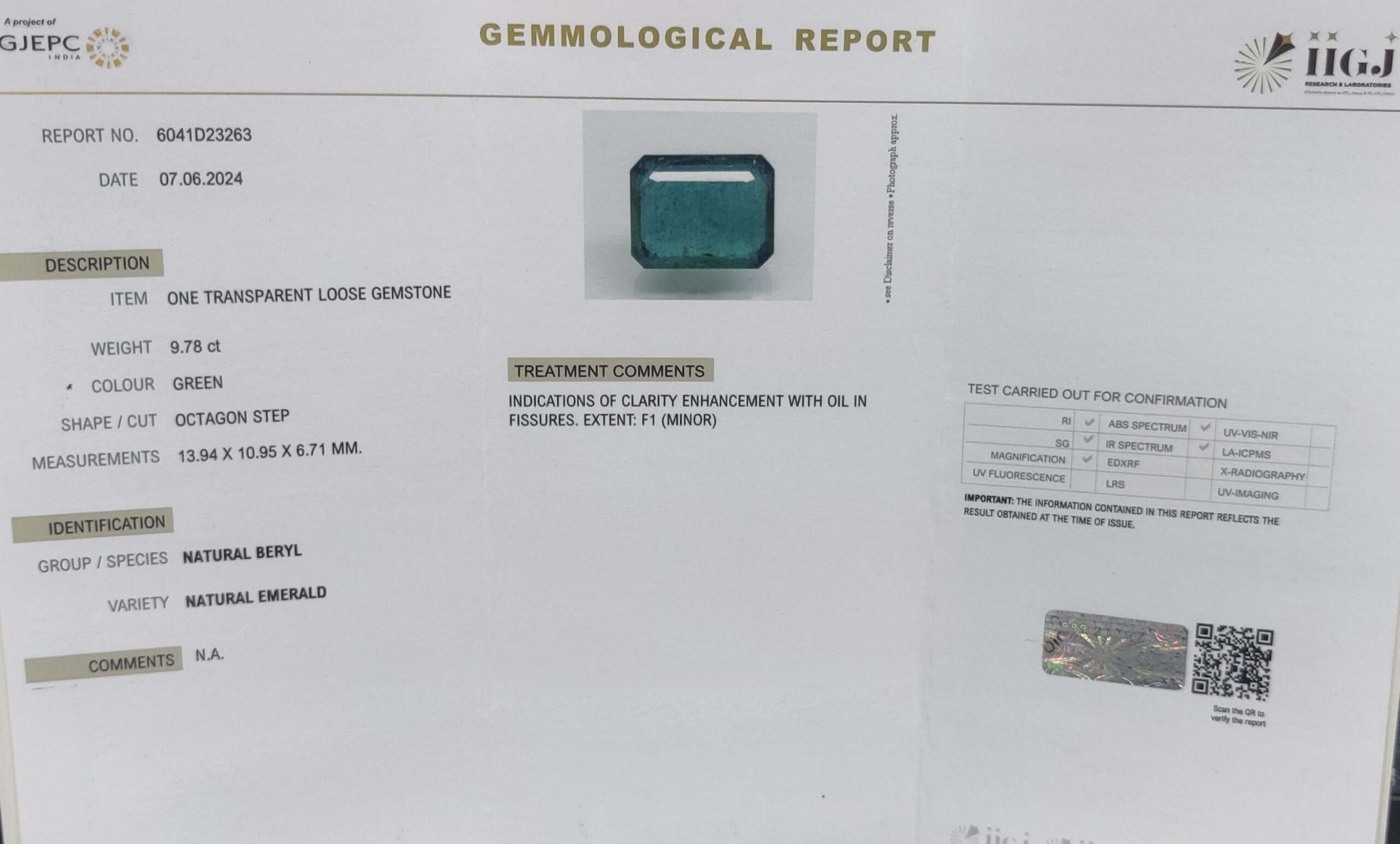 EMERALD 9.78 Ct.