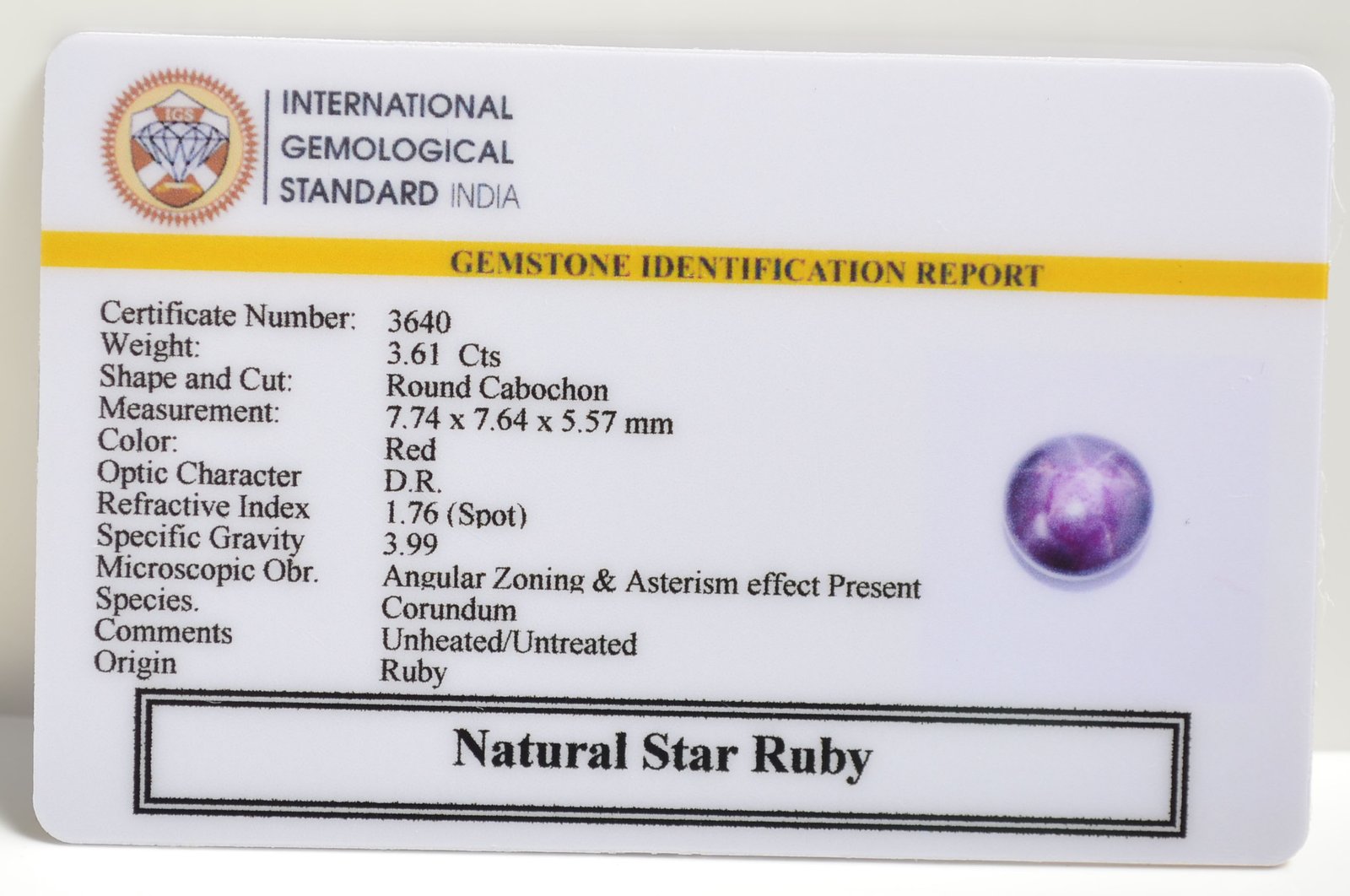 STAR RUBY 3.61 Ct.