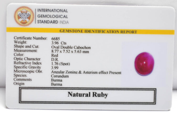 RUBY (BURMA MINES) 3.96 Ct. RUBY (BURMA MINES) 3.96 Ct.