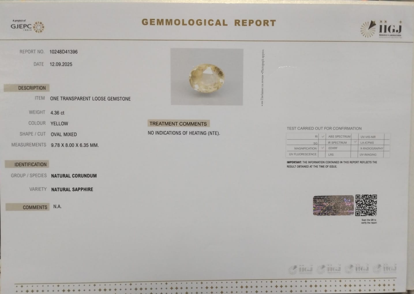 YELLOW SAPPHIRE 4.36 Ct.
