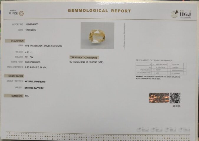 YELLOW SAPPHIRE 4.11 Ct. YELLOW SAPPHIRE 4.11 Ct.