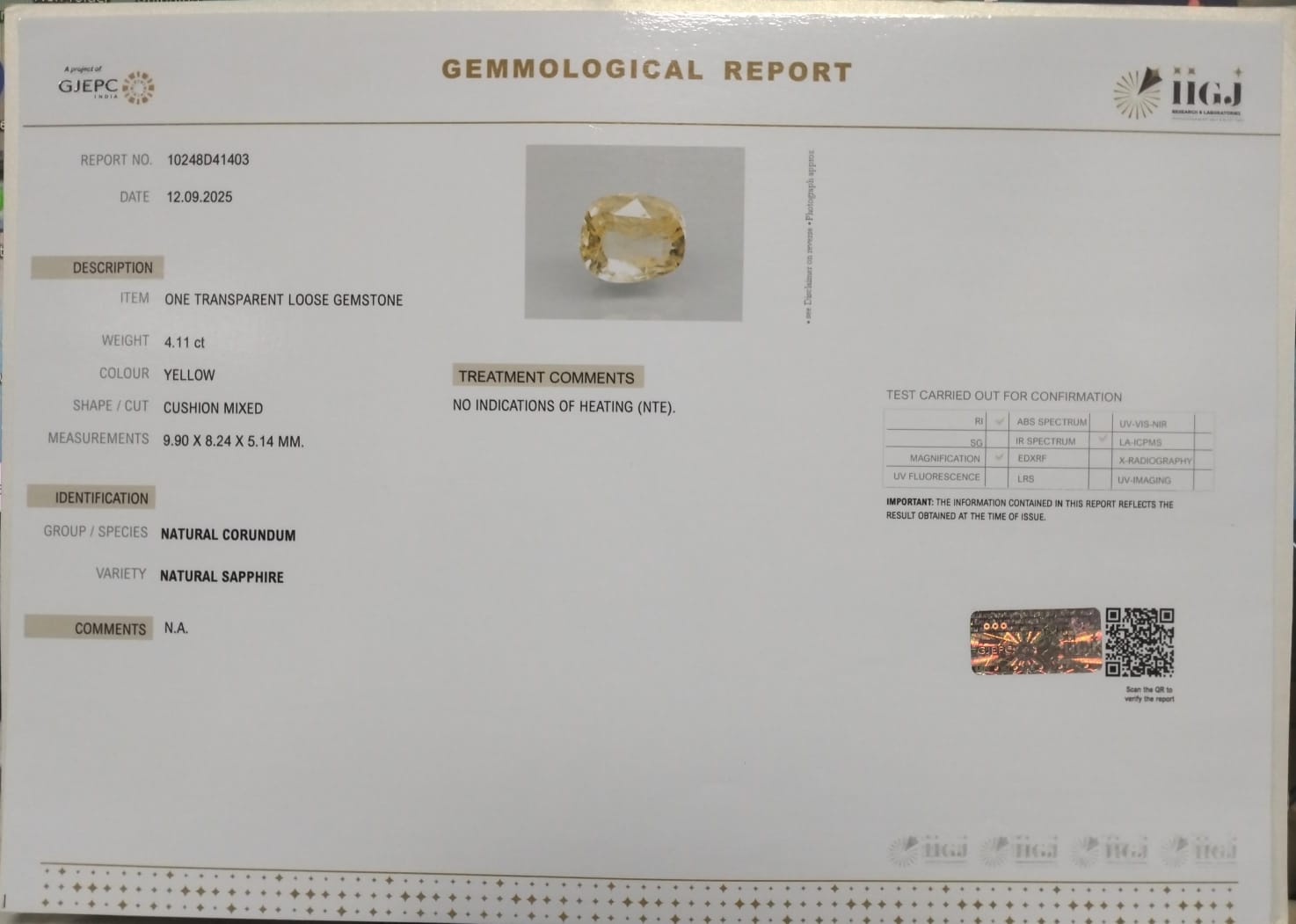 YELLOW SAPPHIRE 4.11 Ct. YELLOW SAPPHIRE 4.11 Ct.