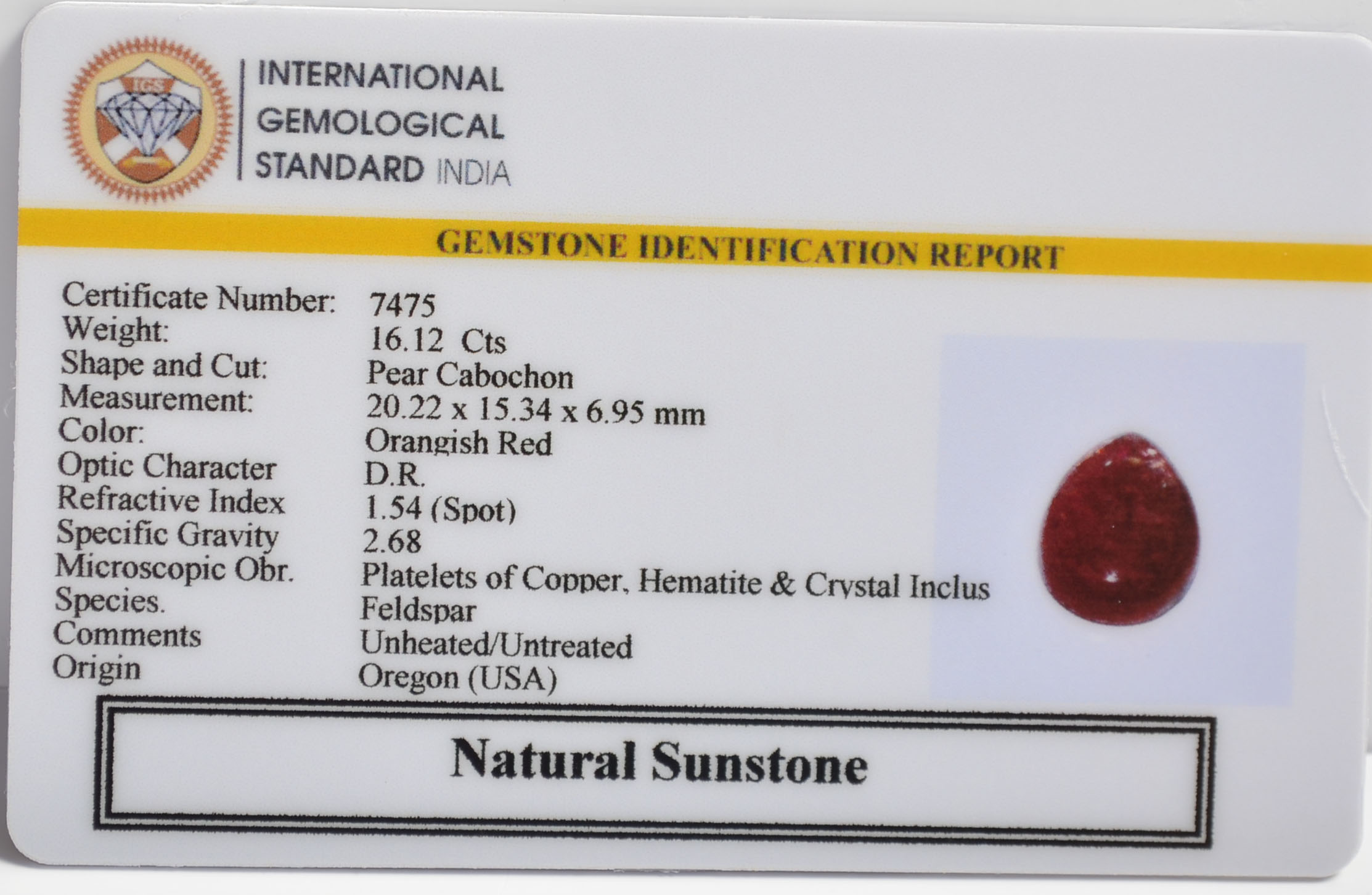 SUNSTONE 16.12 Ct. SUNSTONE 16.12 Ct.