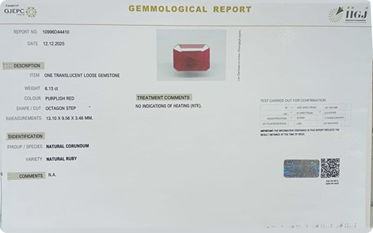 Gemmological Report (Ruby Stone)