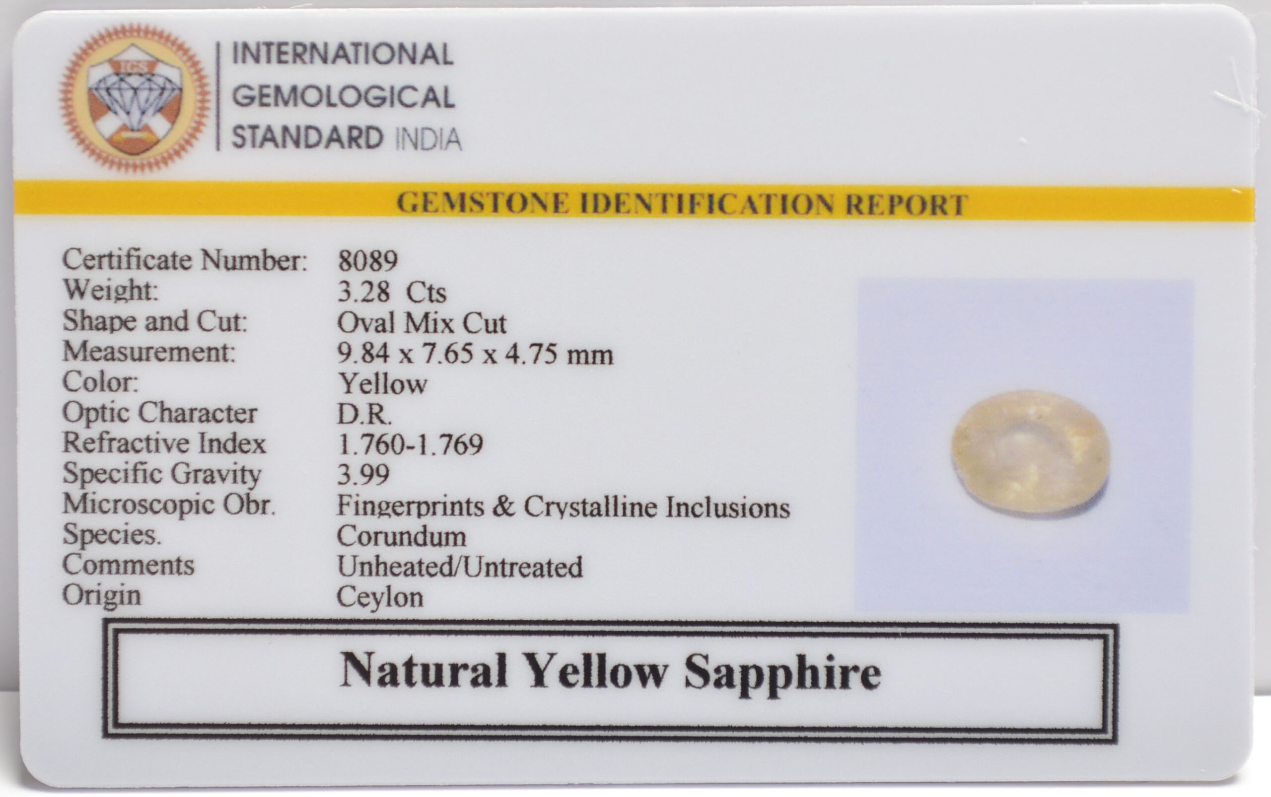 YELLOW SAPPHIRE 3.28 Ct.