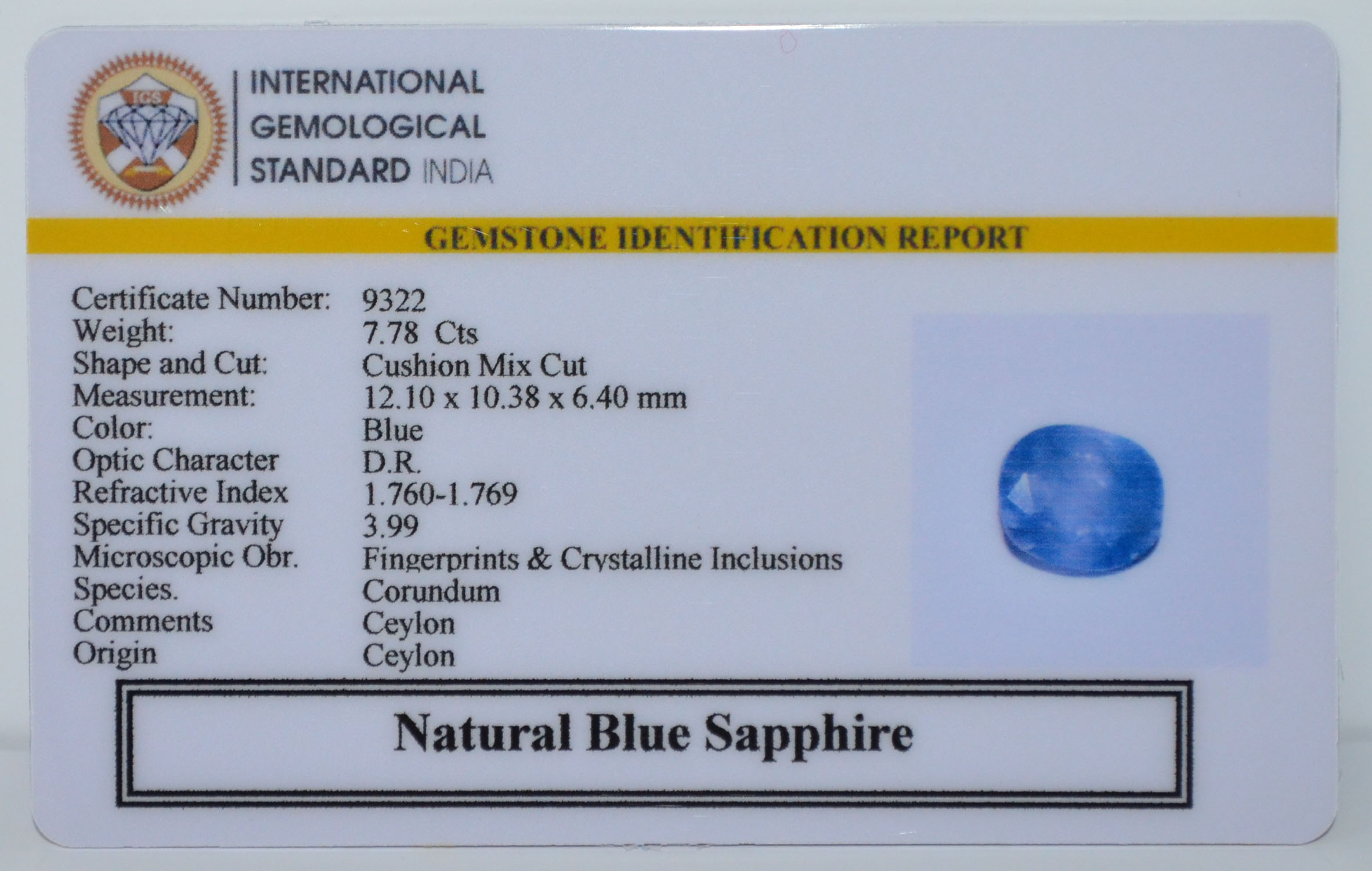 BLUE SAPPHIRE 7.78 Ct.