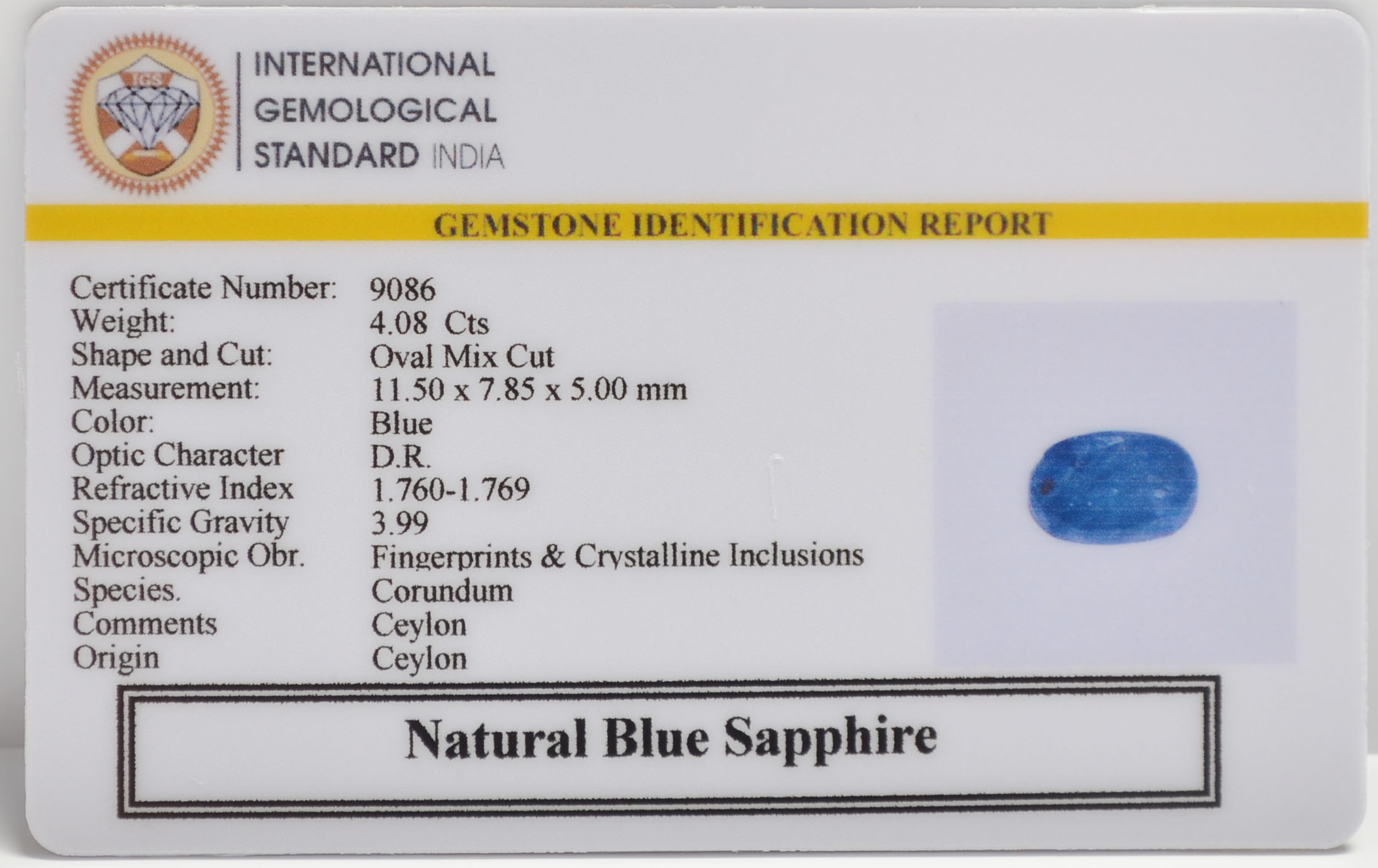 BLUE SAPPHIRE 4.08 Ct.
