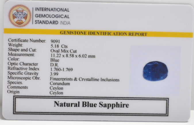 BLUE SAPPHIRE 5.18 Ct.