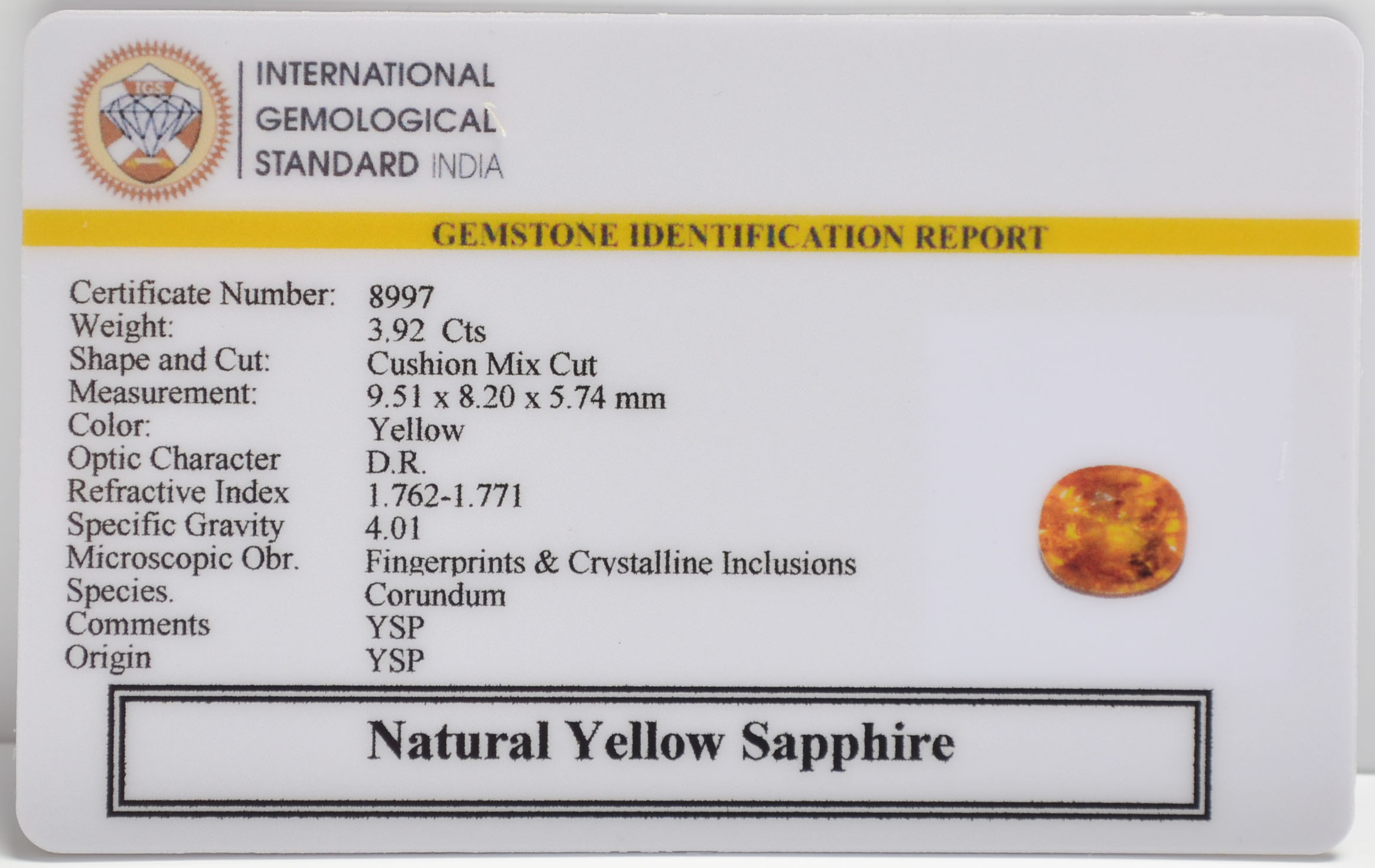 YELLOW SAPPHIRE 3.92 Ct.