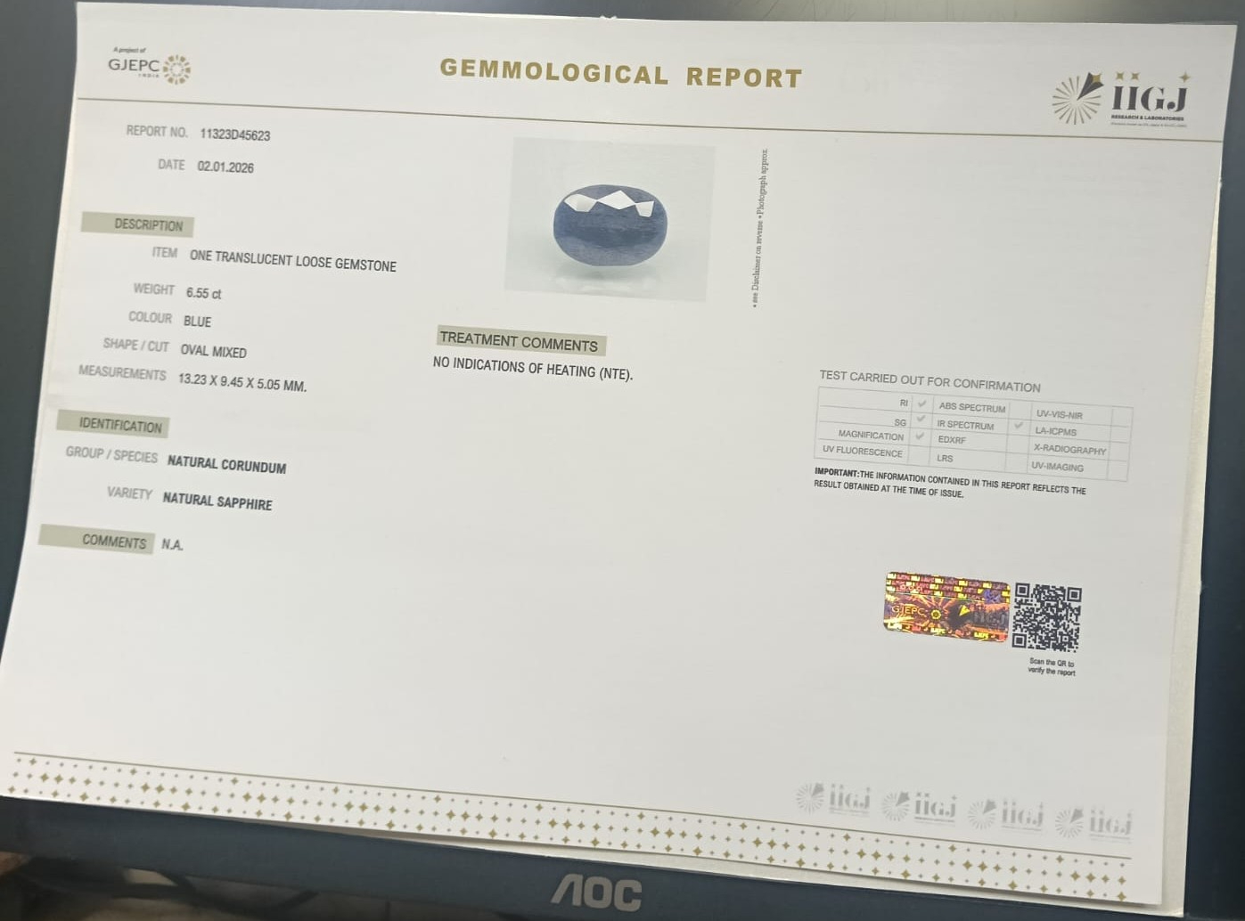 BLUE SAPPHIRE 6.55 Ct.