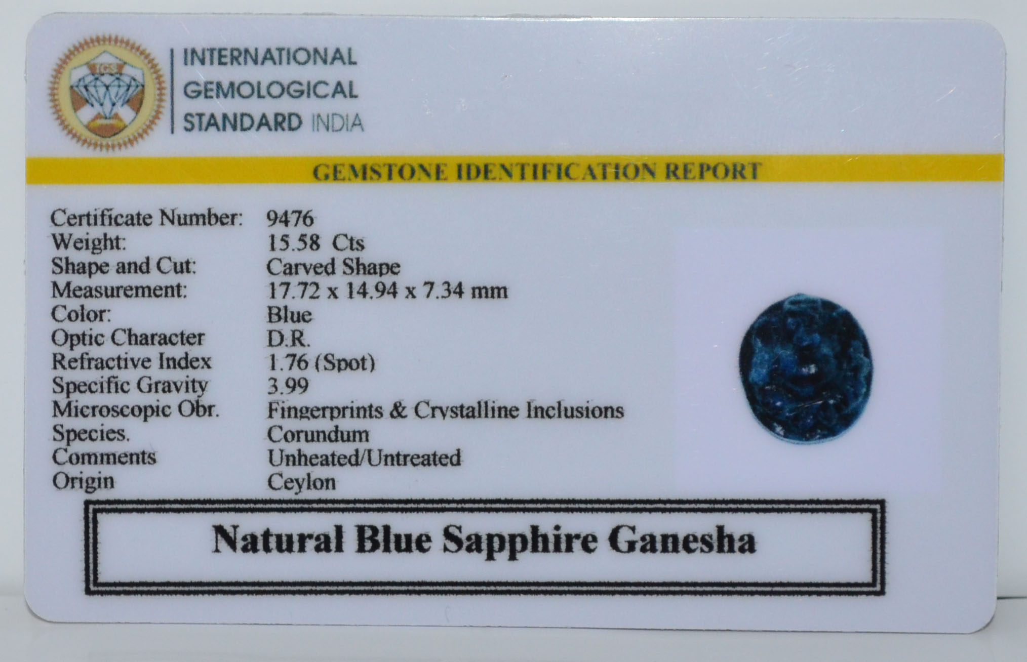 Ganesh Blue Sapphire 15.58 Ct. Ganesh Blue Sapphire 15.58 Ct.