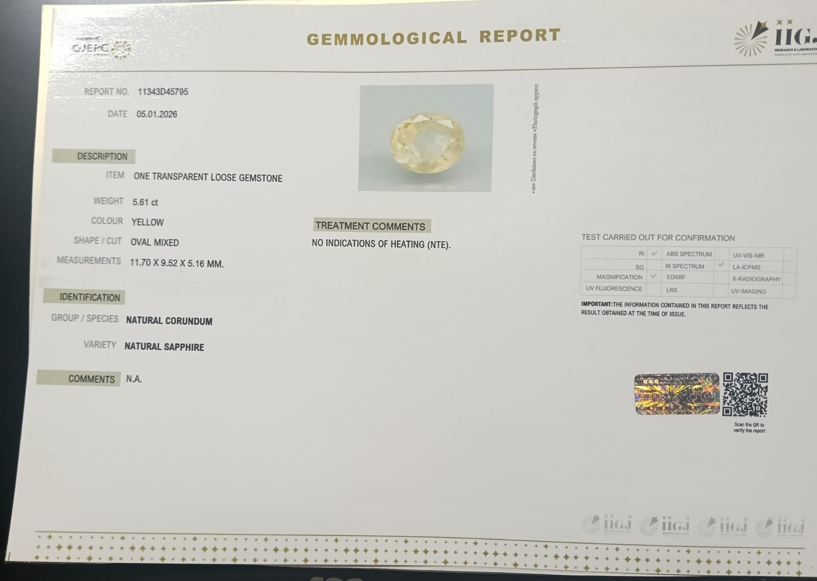 YELLOW SAPPHIRE 5.61 Ct.