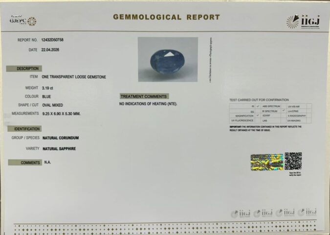 BLUE SAPPHIRE 3.19 Ct.