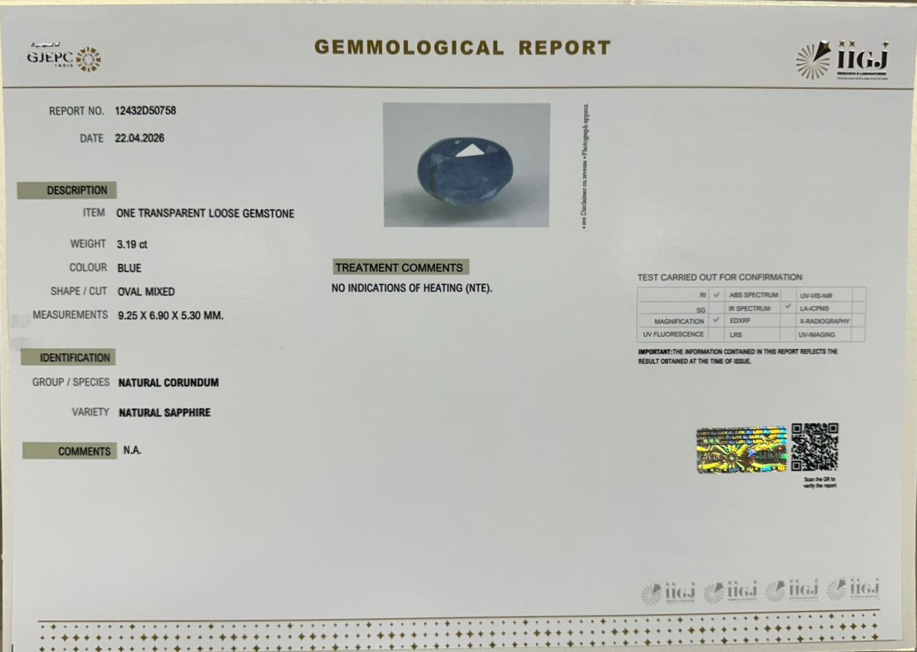 BLUE SAPPHIRE 3.19 Ct.