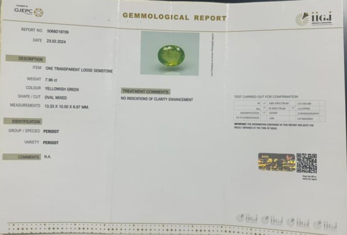 PERIDOT 7.96 Ct.