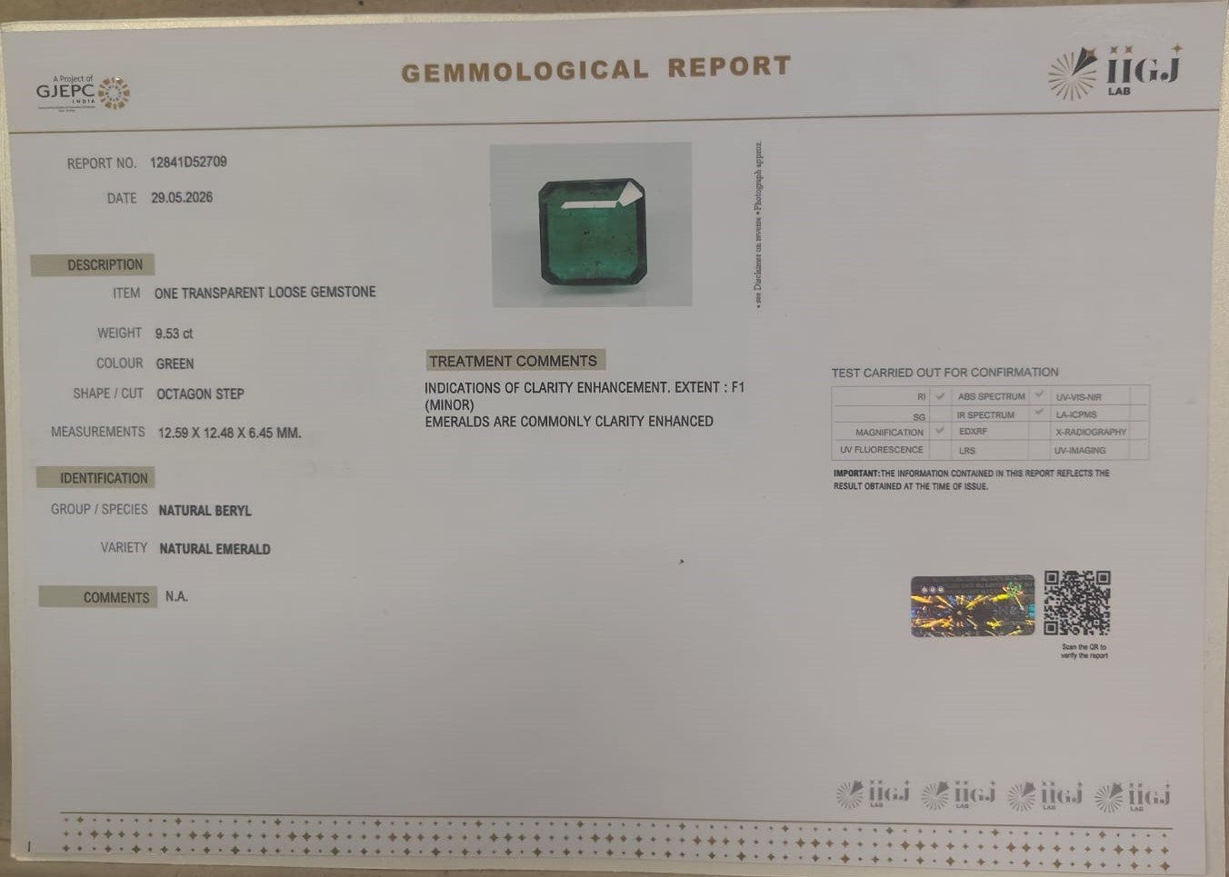 EMERALD 9.53 Ct. EMERALD 9.53 Ct.
